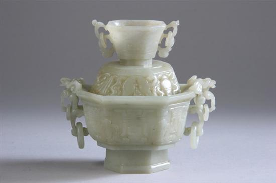 Appraisal: CHINESE CELADON JADE CENSER Republic period Hexagonal form carved to