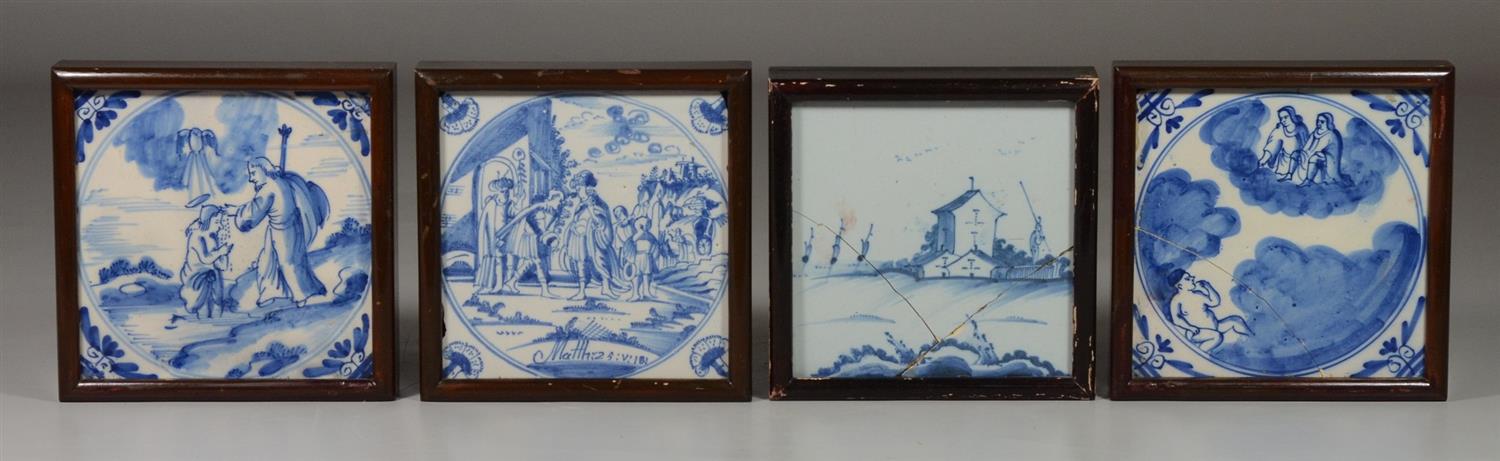 Appraisal: Framed Delft blue white tiles Matthew v chips to edges