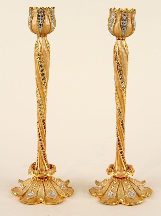 Appraisal: PAIR JAY STRONGWATER SIGNED CANDLESTICK STANDS A pair of Jay