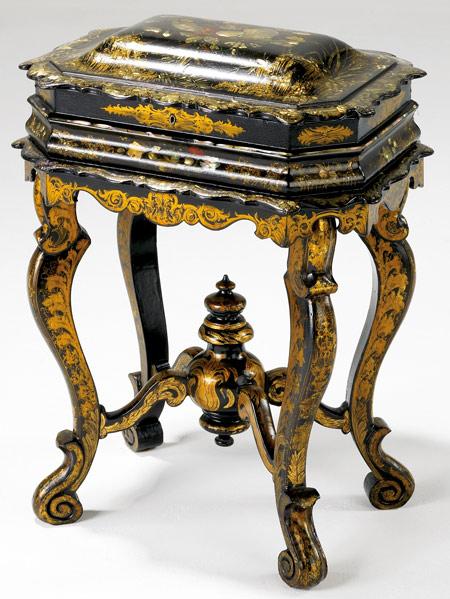 Appraisal: CHINOISERIE DECORATED LACQUER SEWING TABLE With mother-of-pearl inlay and tray