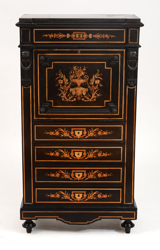 Appraisal: Victorian Maple and Fruitwood Marquetry-Inlaid Ebonized Fall-Front Secretary x x