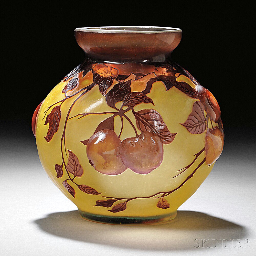 Appraisal: Galle Mold-blown Plum Vase France - Deep relief mold-blown plums