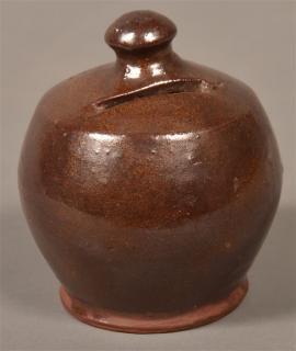 Appraisal: th Century Glazed Redware Bank Inscribed W H R Bulbous