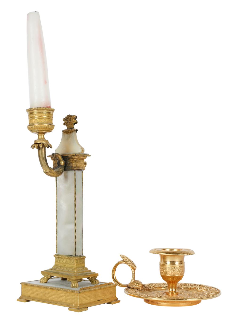 Appraisal: TWO ASSORTED GILT METAL CANDLESTICKSeach unmarked one inset with mother