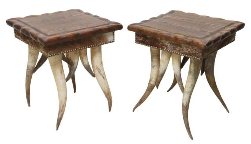 Appraisal: pair Western pitch pine side tables figured top over cowhide