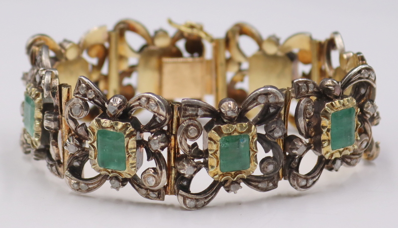 Appraisal: JEWELRY EMERALD DIAMOND AND SILVER-TOPPED KT Gold Bracelet Beautiful silver-topped