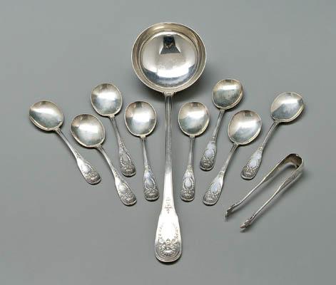 Appraisal: Ten pieces French silver fiddle handles with shell and wreath