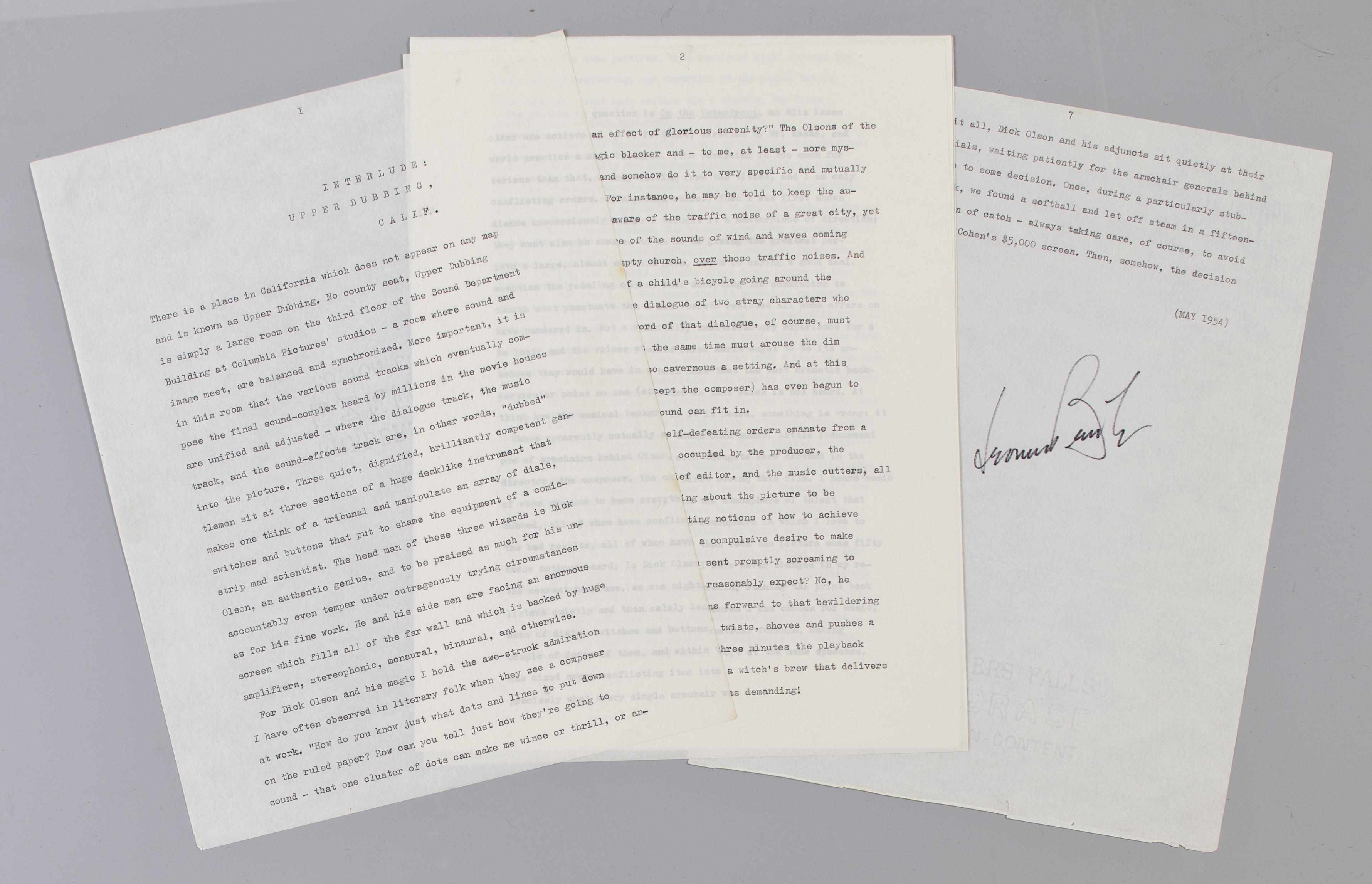 Appraisal: BERNSTEIN LEONARD Typed Manuscript Signed ''Leonard Bernstein'' pp to n