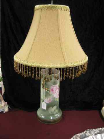 Appraisal: Handpainted Porcelain Lamp rose decor silk shade with beaded trim