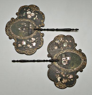 Appraisal: Pair inlaid fans cartouche shaped papier mache fans with turned