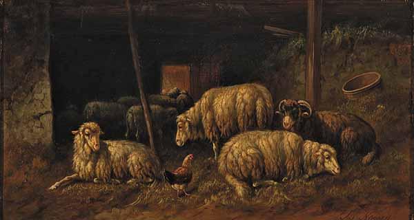 Appraisal: Adolf Nowey Austrian b Sheep in Stall oil on board