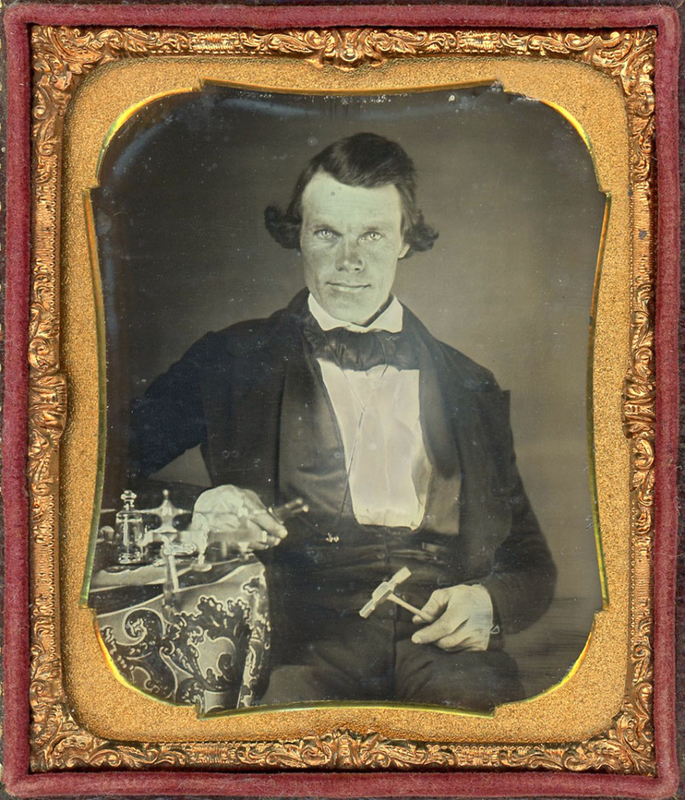 Appraisal: OCCUPATIONAL DAGUERREOTYPE WATCHMAKER TOOLS Sixth plate daguerreotype Offered is an