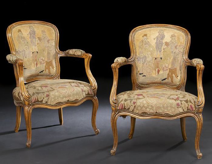 Appraisal: Pair of Louis XV-Style Fruitwood Fauteuils early th century each