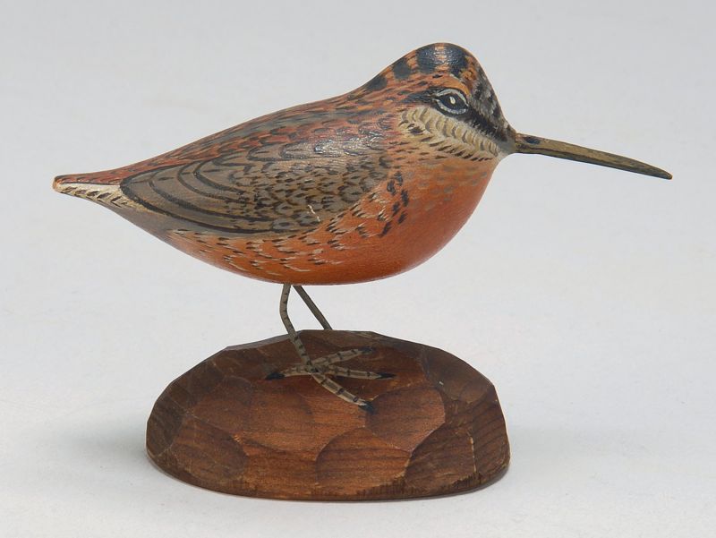 Appraisal: MINIATURE WOODCOCK By A Elmer Crowell Rectangular stamp Mounted on