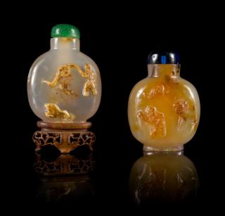 Appraisal: Two Carved Agate Snuff Bottles Two Carved Agate Snuff Bottles