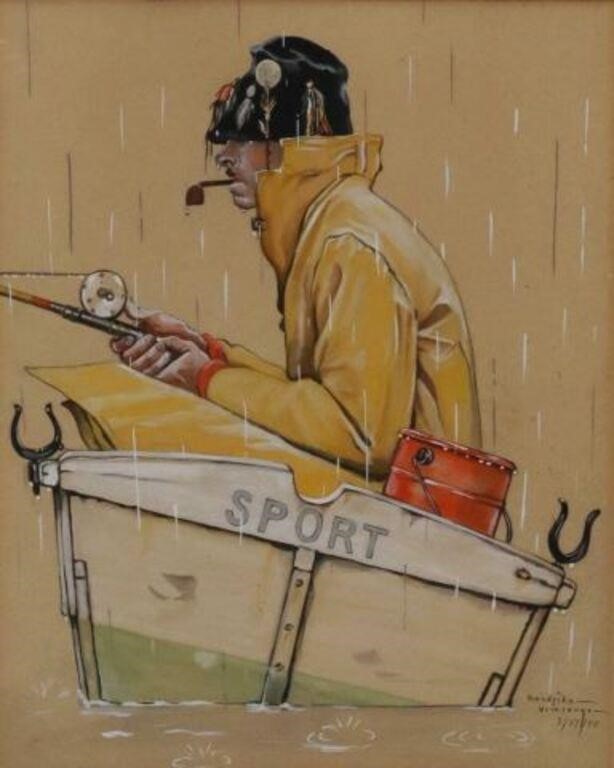 Appraisal: Framed watercolor and gouache painting on paper Fisherman in the