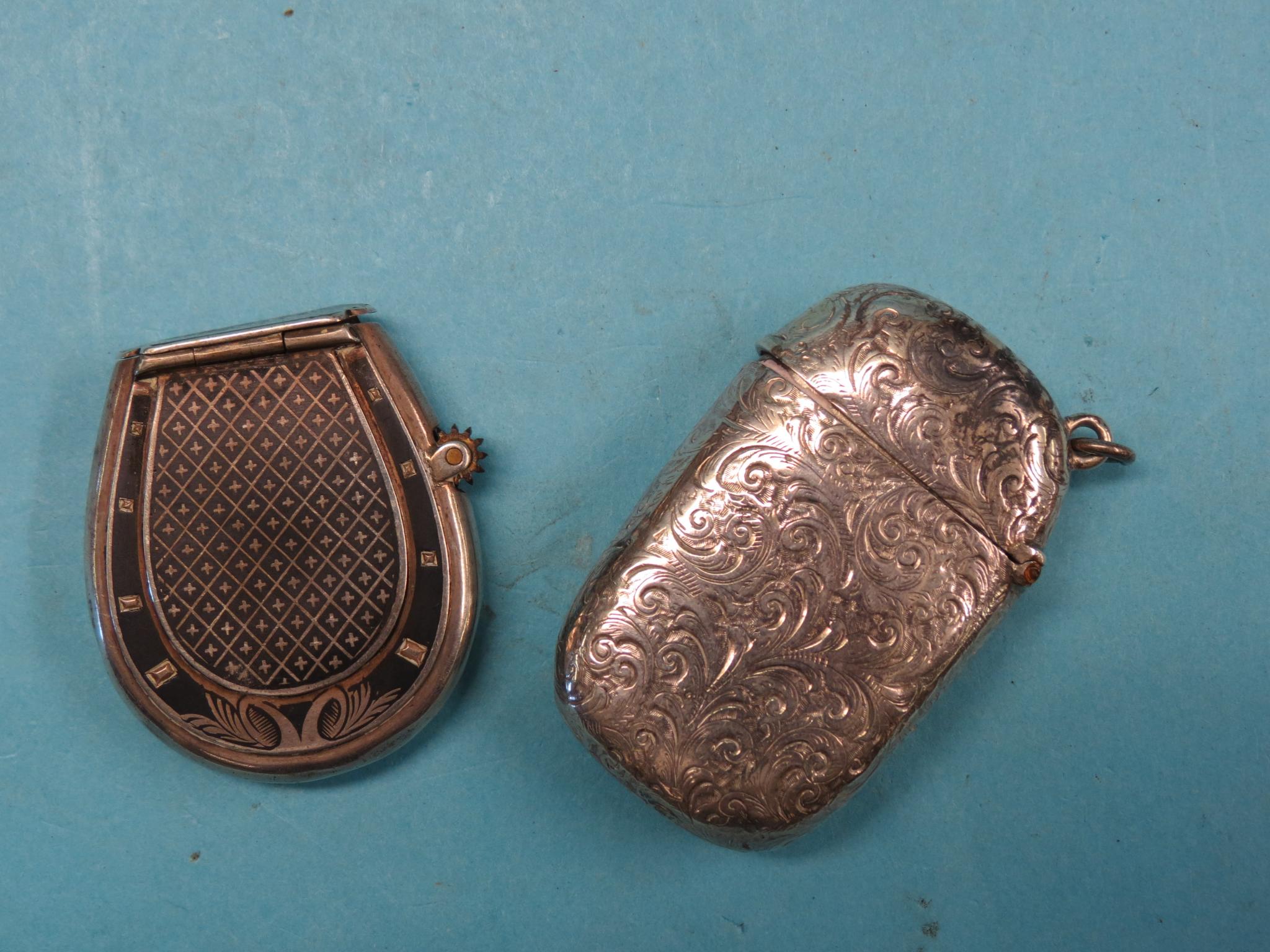 Appraisal: An unusual continental white metal and niello vesta case horseshoe-shape