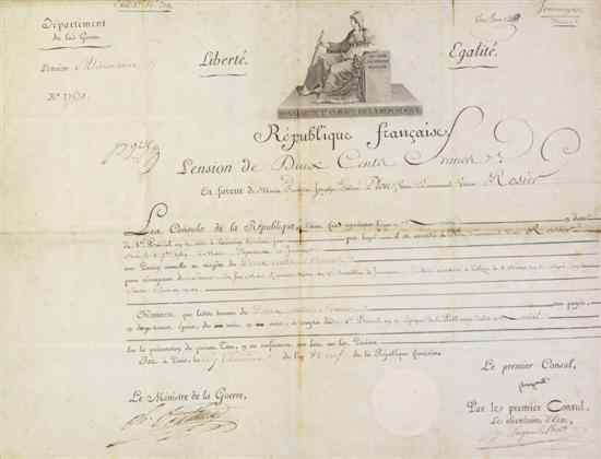 Appraisal: BONAPARTE NAPOLEON Partially printed document signed ''Bonaparte'' remaining contents achieved