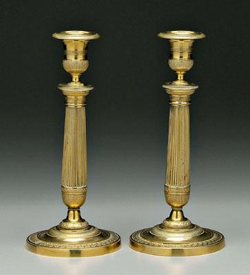 Appraisal: Pair French brass candlesticks tapered and reeded columns above bands