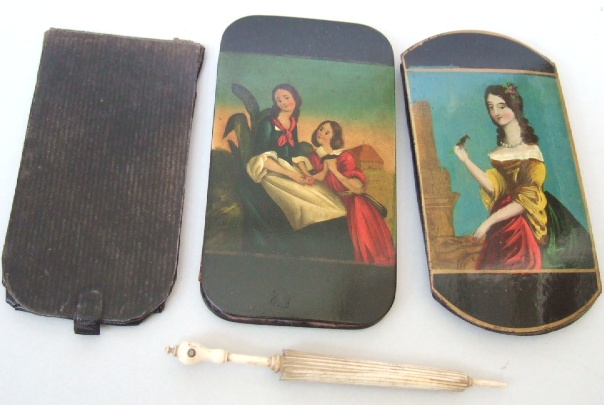 Appraisal: Three papier mache and decorated cigar cases and a bone