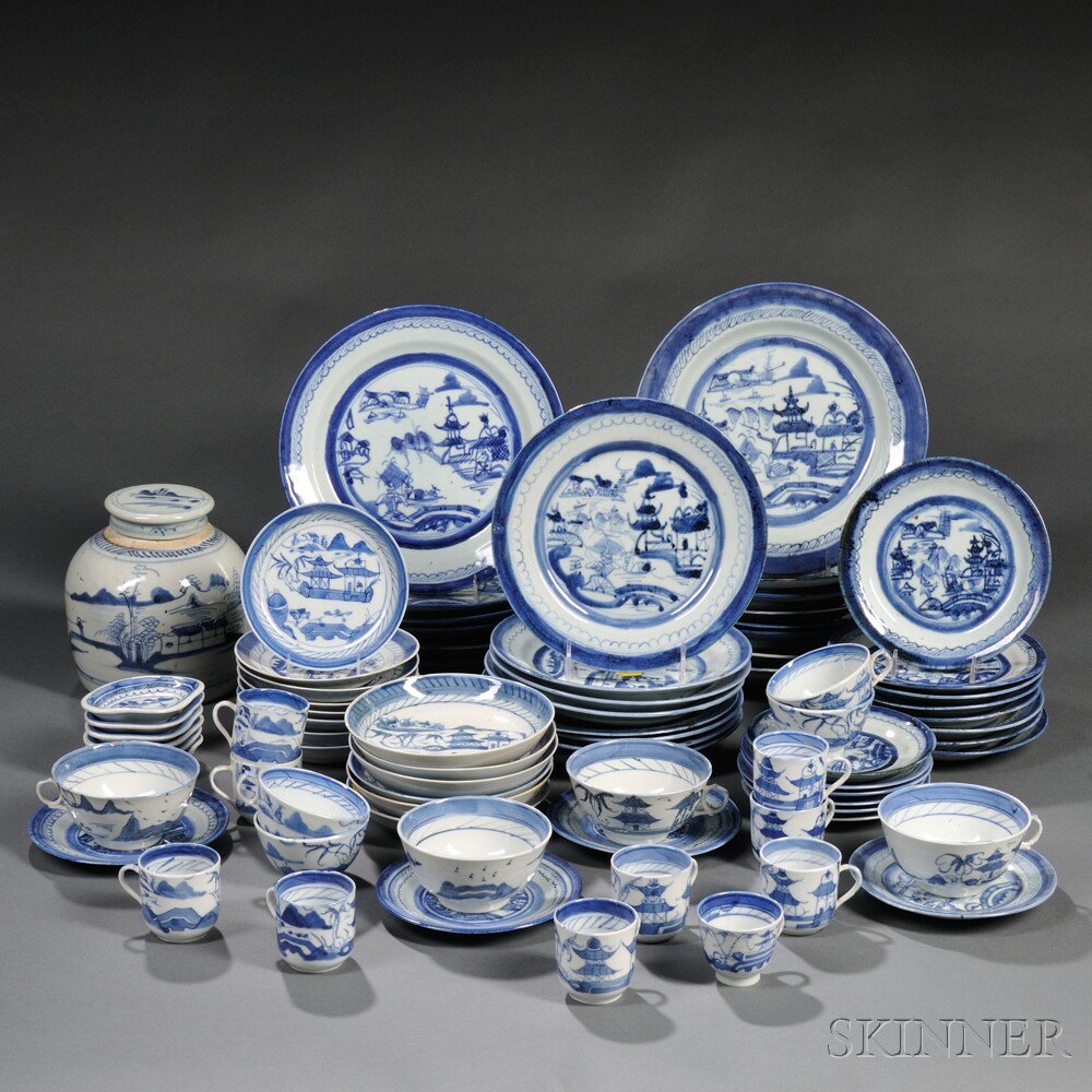 Appraisal: Assembled Group of Blue and White Canton Porcelain Tableware late