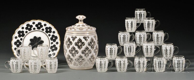 Appraisal: White Overlay Punch Set with Underplate Bowl and Cups tall