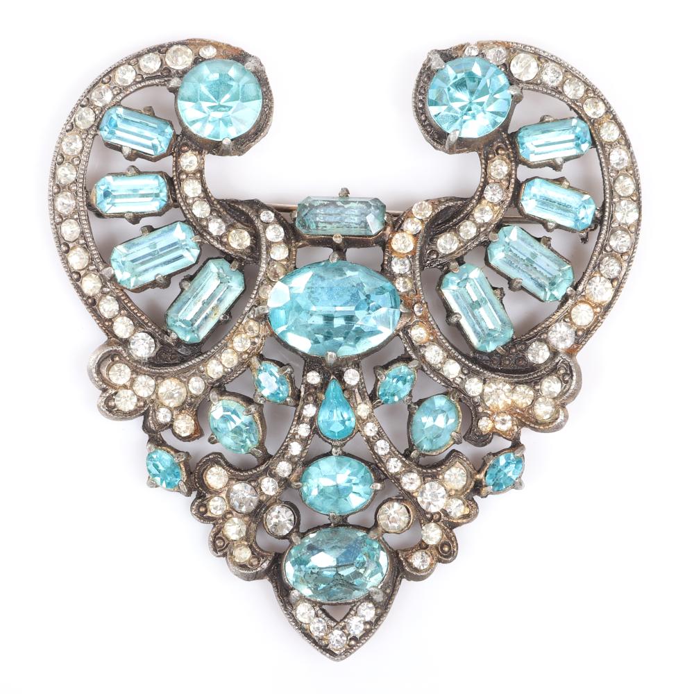 Appraisal: EISENBERG ORIGINAL AQUA RHINESTONE OPEN WORK BROOCH IN ANTIQUE GOLD