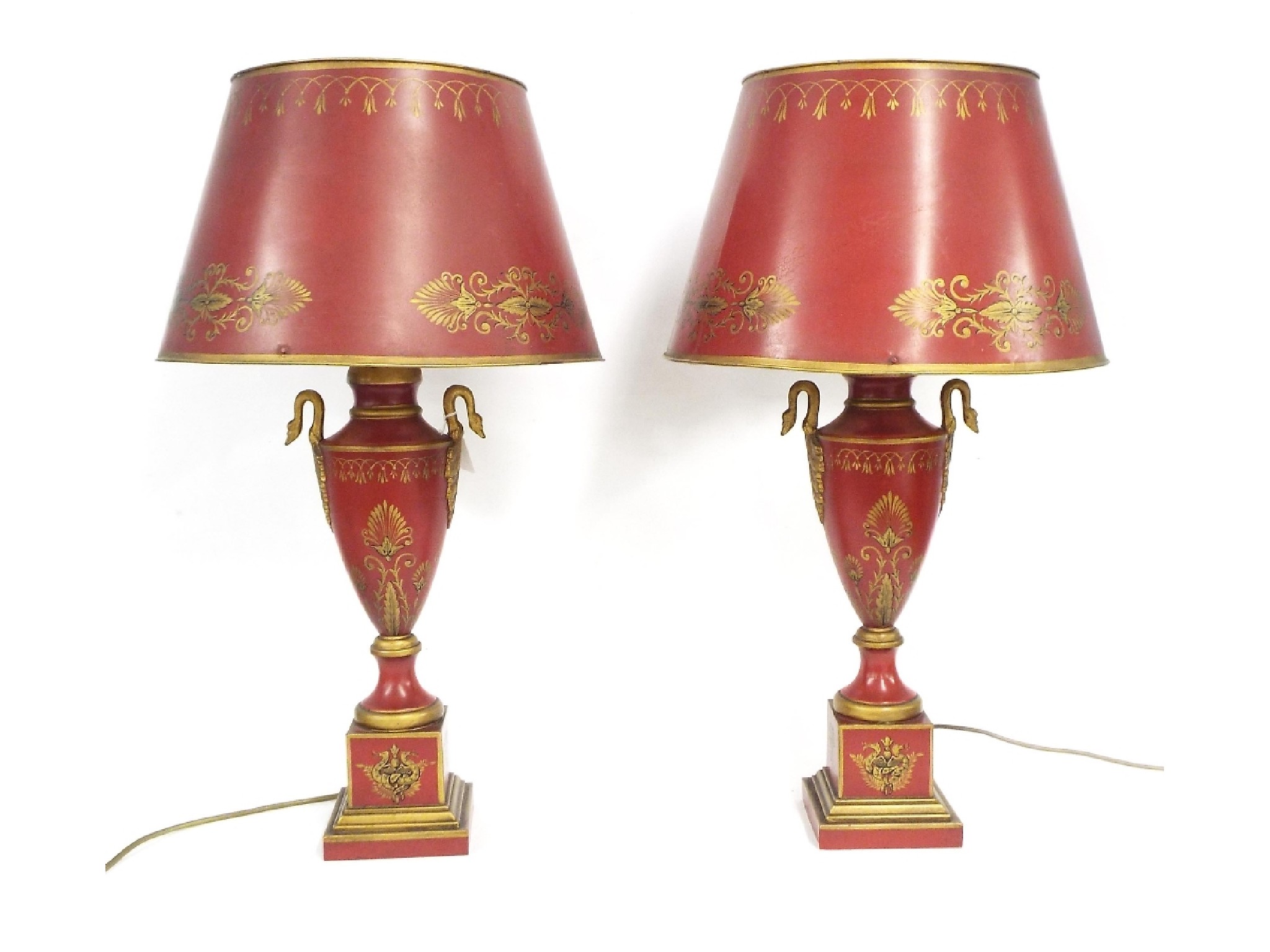 Appraisal: Good pair of toleware baluster table lamps with toleware shades