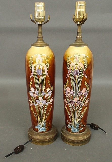 Appraisal: - Pair of ceramic table lamps with iris decoration probably