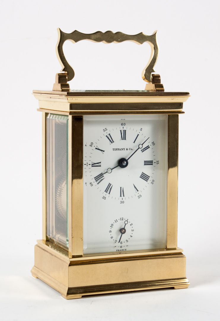 Appraisal: French brass and beveled glass carriage clock early th century