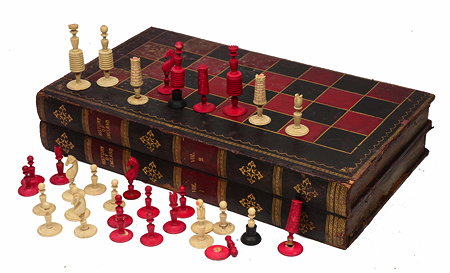 Appraisal: A TH CENTURY TURNED BONE CHESS SET with red and