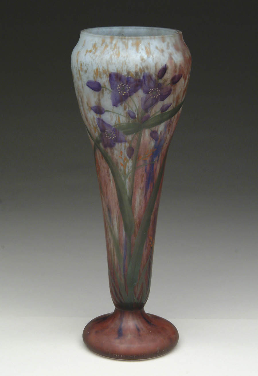 Appraisal: DAUM FRENCH ENAMEL VASE Enamel only violet colored flowers on