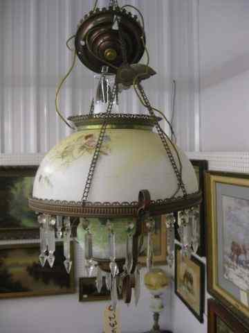 Appraisal: Victorian Hanging Lamp floral with teardropprisms electrified