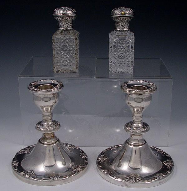 Appraisal: PIECE LONDON STERLING MOUNTED VINEGAR OIL PLUS CANDLESTICKS To include