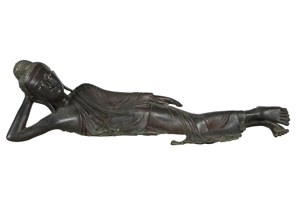 Appraisal: RECLINING THAI BRONZE FIGURECondition with visible areas of separation to