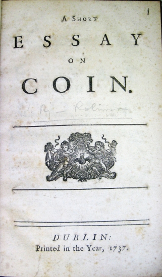 Appraisal: ROBINSON BRYAN A Short Essay on Coin pages vo th-century