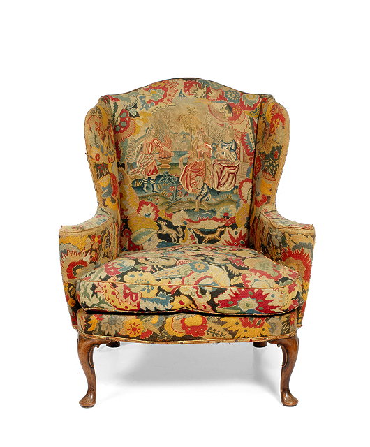 Appraisal: A GEORGE II STYLE WING BACK ARMCHAIR with antique tapestry