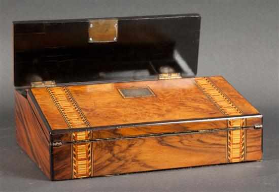 Appraisal: Victorian burl walnut and rosewood inlaid traveling desk Estimate -