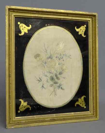 Appraisal: th c floral needlpoint in reverse painted frame Site ''