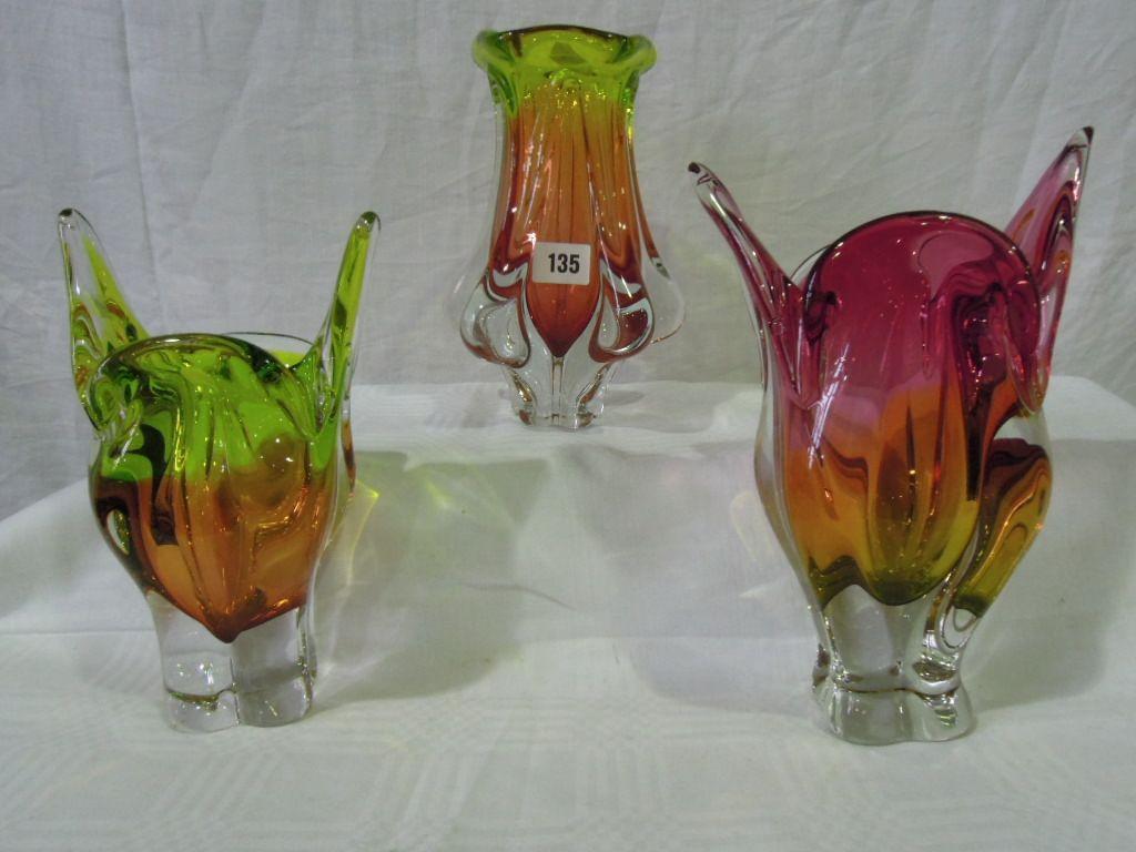 Appraisal: Three Murano style glass vases in shades of pink orange