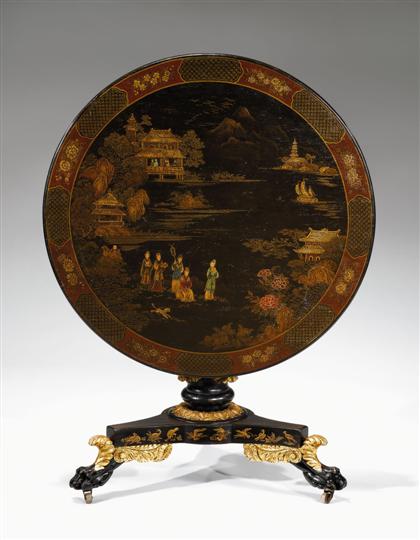 Appraisal: Regency style japanned and parcel-gilt tilt-top table The circular top