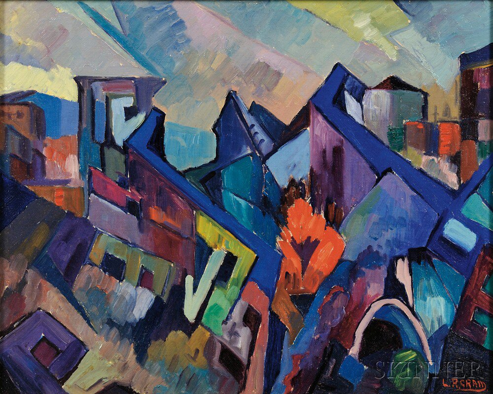 Appraisal: Leighton Cram American - Abstract Landscape with Houses Signed L