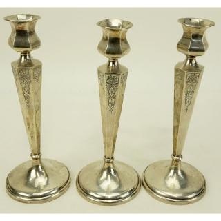 Appraisal: Three Wallace Sterling Silver Octagonal Form Weighted Candlesticks Three Wallace