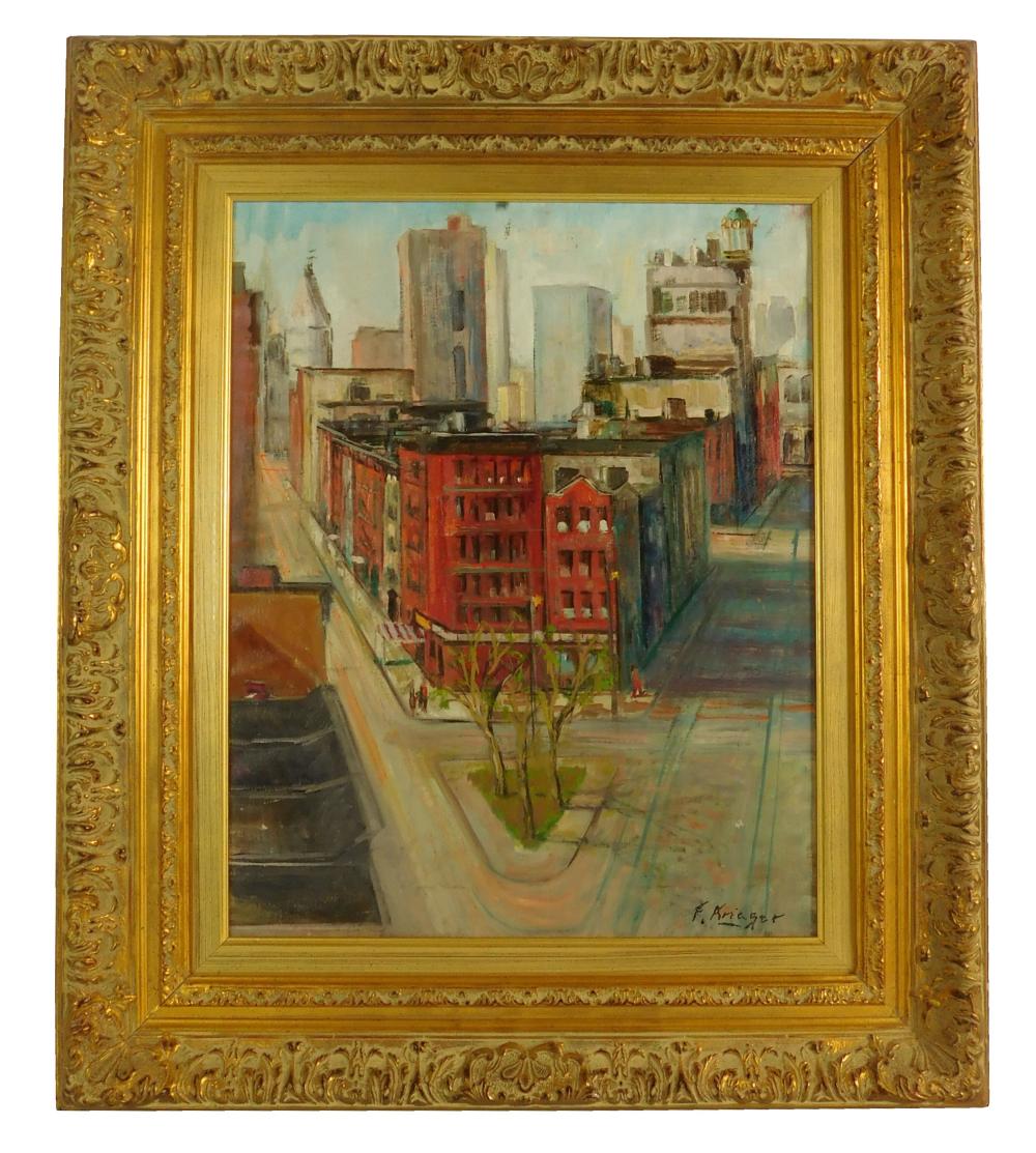 Appraisal: F Krieger oil on canvas depicts city scene with red