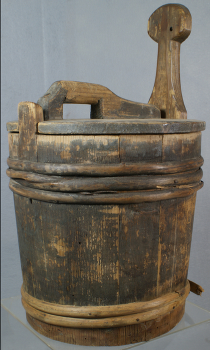 Appraisal: Wooden bucket with lid and handle dry worn original surface