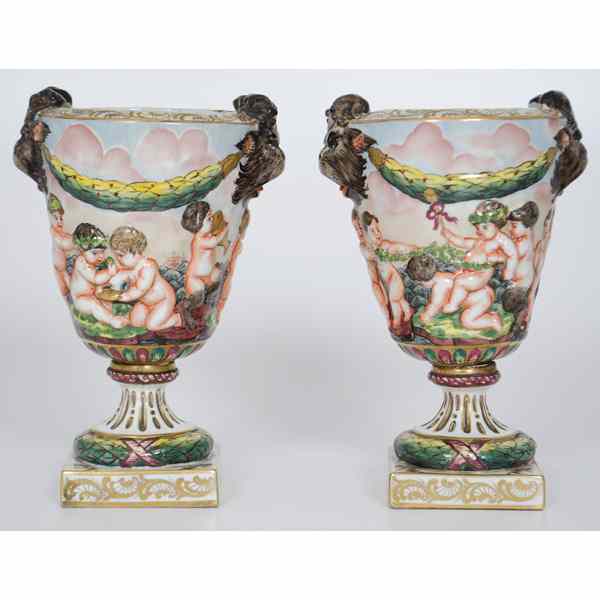 Appraisal: Capodimonte-Style Urns French A pair of Capodimonte-style urns with decorative