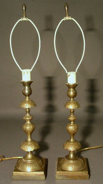 Appraisal: Pair of Russian brass candlestick lamps h