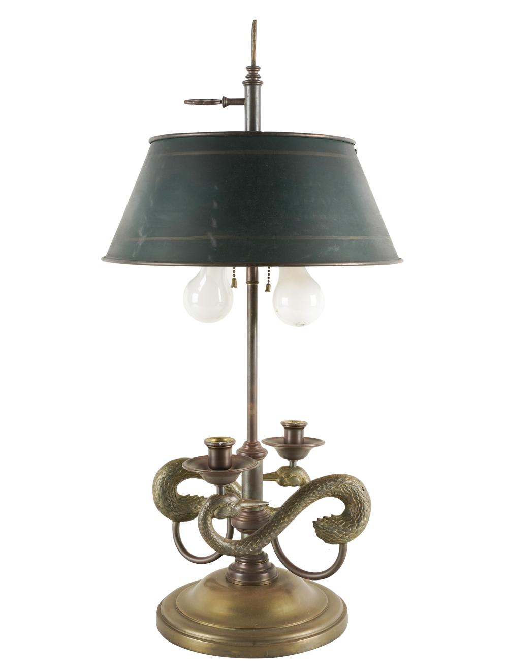 Appraisal: EMPIRE-STYLE BRASS BOUILLOTTE LAMPthe green tole shade with gilt borders