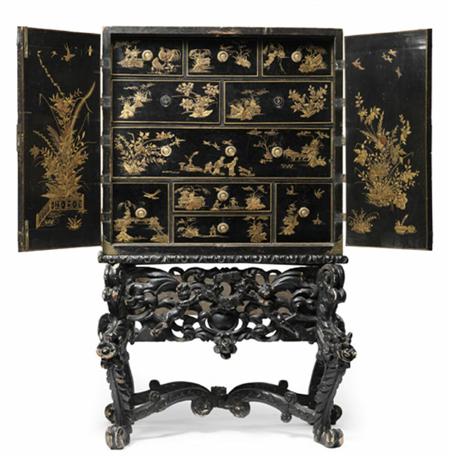 Appraisal: A George III black japanned and Chinoiserie cabinet on stand