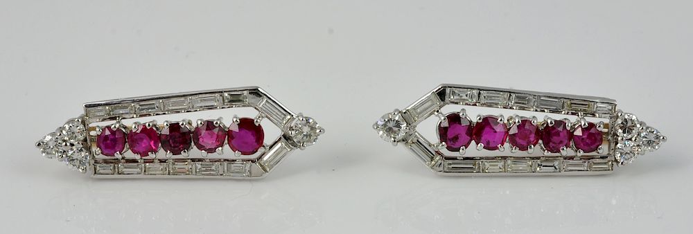 Appraisal: Platinum Diamond Ruby Geometric Earrings Pierced earrings contain cts channel